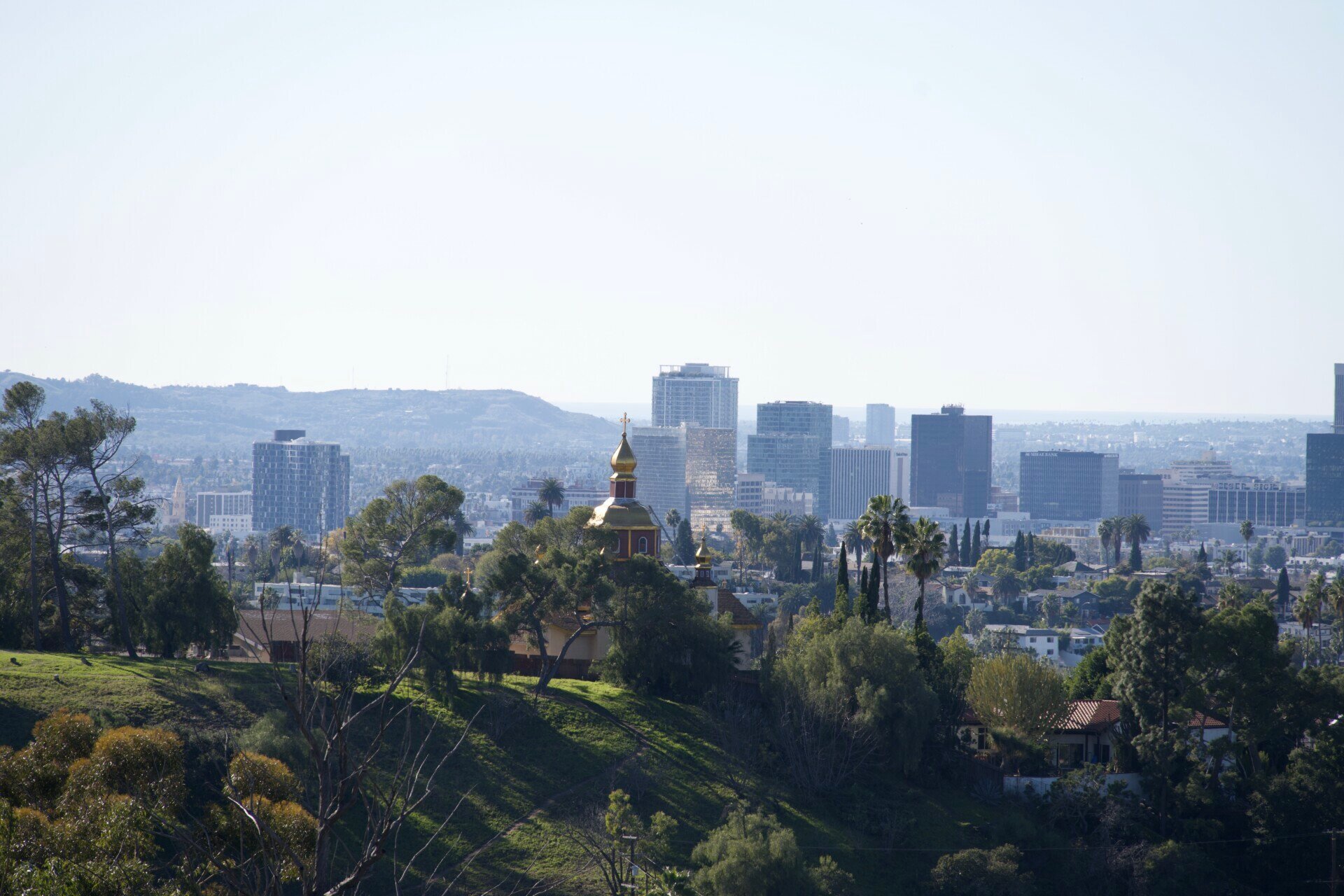 A striking golden dome peeks through the lush greenery of Elysian Park with the Los Angeles skyline in the background